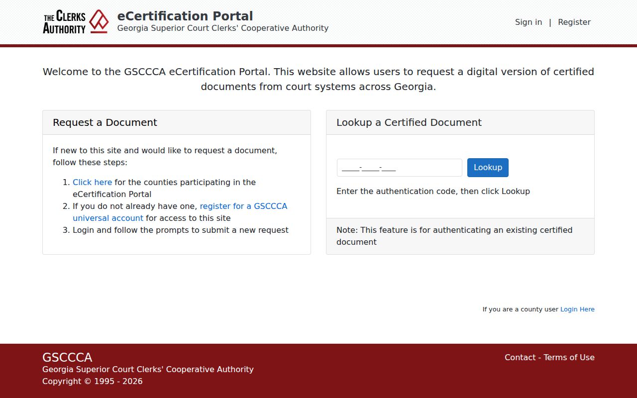 GSCCCA eCertification request and authentication page