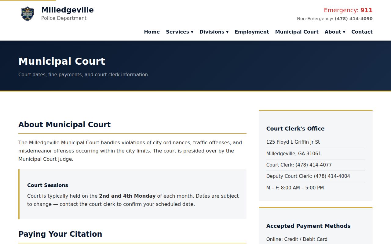 Milledgeville Municipal Court traffic payment and contest instructions